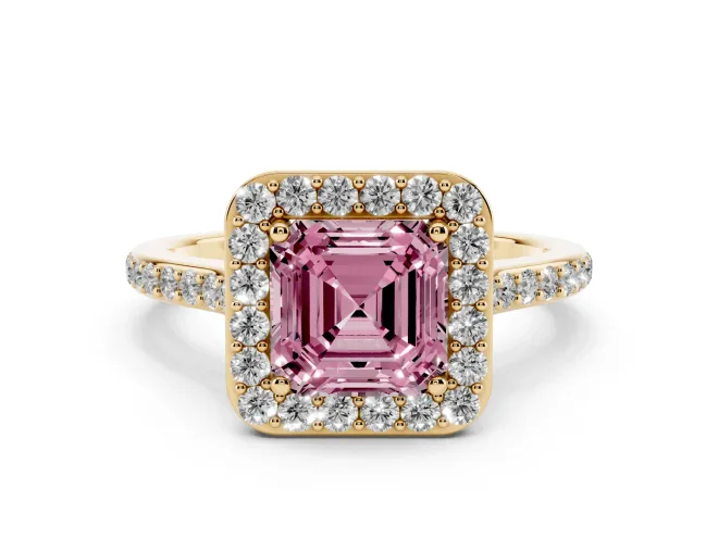 Fancy Pink Asscher Cut Diamond Halo Engagement Ring Set in Yellow gold with Round Pavé Shoulders and Heart Gallery