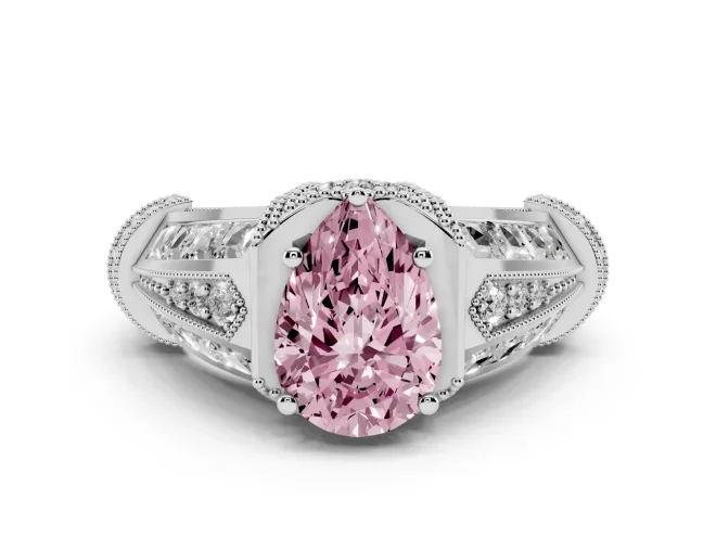 Fancy Pink Pear Cut Diamond Vintage-Inspired Milgrain Ring Set in White gold with Accent Split Shank