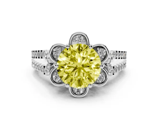 Round Floral Halo Engagement Ring Setting for a Fancy Yellow Lab-Grown Diamond | Pavé Split Shank | White Gold