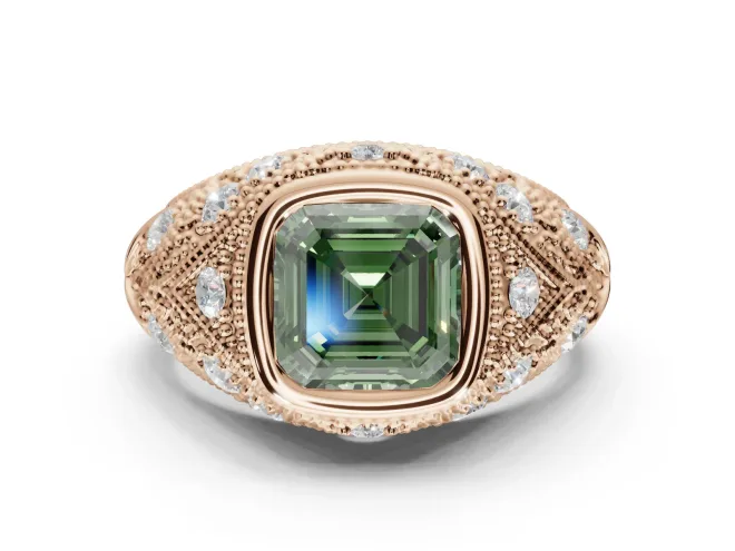 Asscher Cut Vintage Bezel Engagement Ring Setting for a Fancy Green Lab-Grown Diamond | Rose Gold