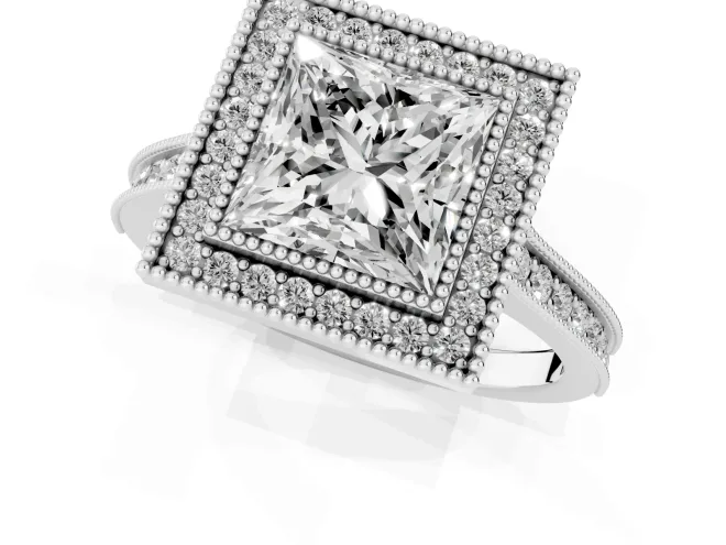 Princess Cut Diamond Halo Milgrain Pavé Band Ring Set in White gold with Prong Setting – second view