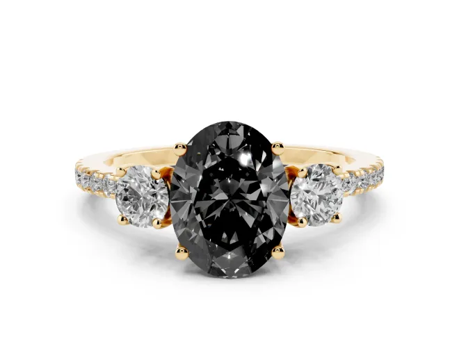 Oval Three Stone Engagement Ring Setting for a Black Center | Pavé Shoulders | Yellow Gold