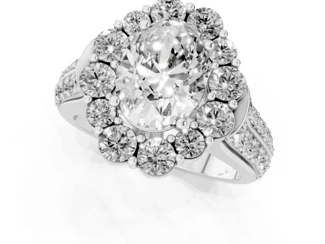 Oval Cut Diamond Halo Engagement Ring Set in Silver with Split Shank and Prong Setting – second view