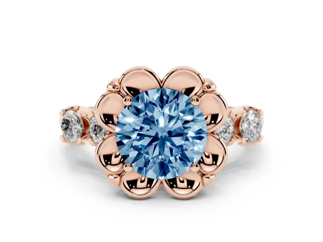 Fancy Blue Round Cut Diamond Floral Halo Ring Set in Rose gold with Shared Prong Band