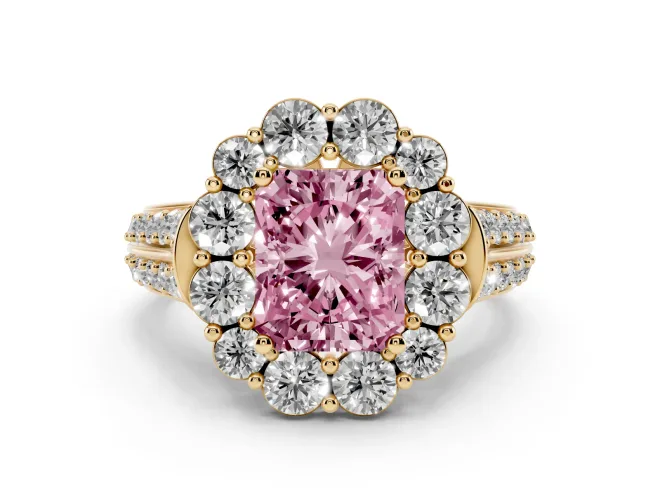 Radiant Cut Large Accent Halo Engagement Ring Setting for a Fancy Pink Lab-Grown Diamond | Graduated Pavé | Yellow Gold