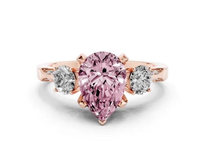 Pear-Shaped Hidden Halo Three Stone Engagement Ring Setting for a Fancy Pink Lab-Grown Diamond | Rose Gold