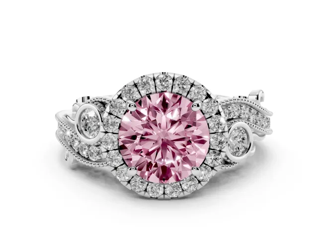 Round Vintage Halo Engagement Ring Setting for a Fancy Pink Lab-Grown Diamond | Bezel Shoulder Accents | Sterling Silver