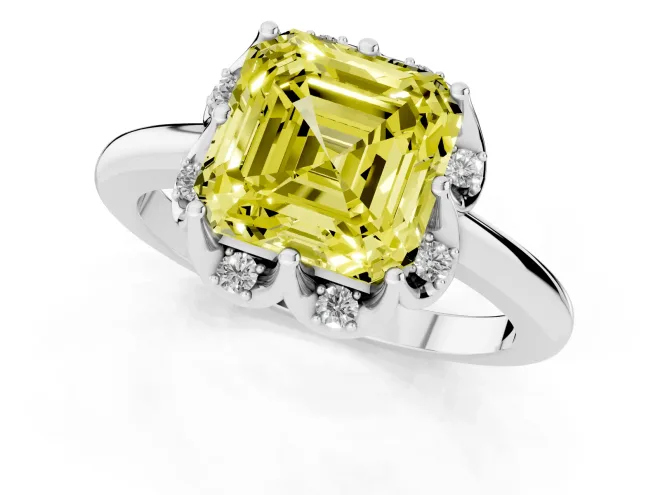 Fancy Yellow Asscher Cut Diamond Round Cluster Halo Ring Set in Platinum with Solitaire Band and Prong Setting – second view