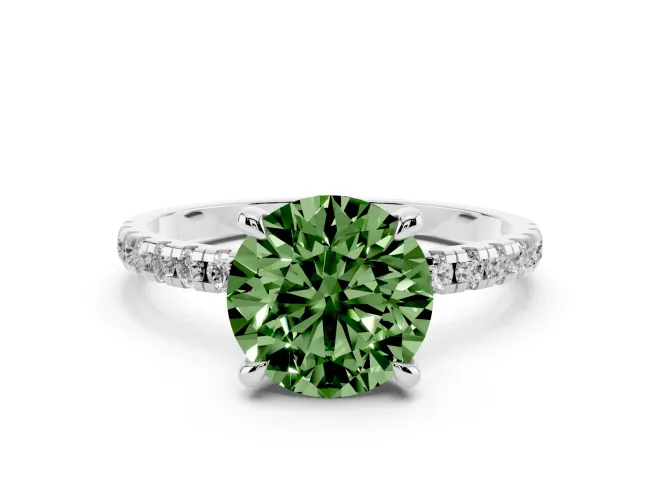 Fancy Green Round Cut Diamond Brilliant Solitaire Ring Set in Platinum with Pavé Band and Prong Setting
