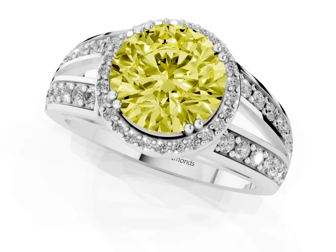 Fancy Yellow Round Cut Diamond Halo Ring Set in Silver with Double Pavé Split Shank – second view