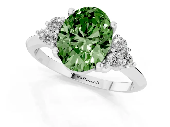 Fancy Green Oval Cut Diamond Cluster Ring Set in White gold with Plain Band and Prong Setting – second view