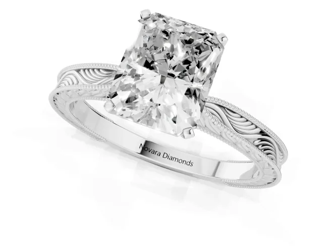 Radiant Cut Diamond Solitaire Milgrain Engraved Band Set in White gold with Prong Setting – second view