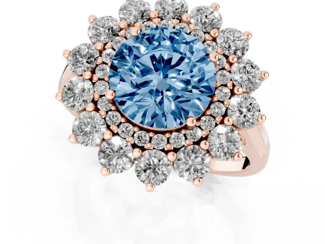 Fancy Blue Round Cut Diamond Floral Double Halo Ring Set in Rose gold with Round Petals – second view