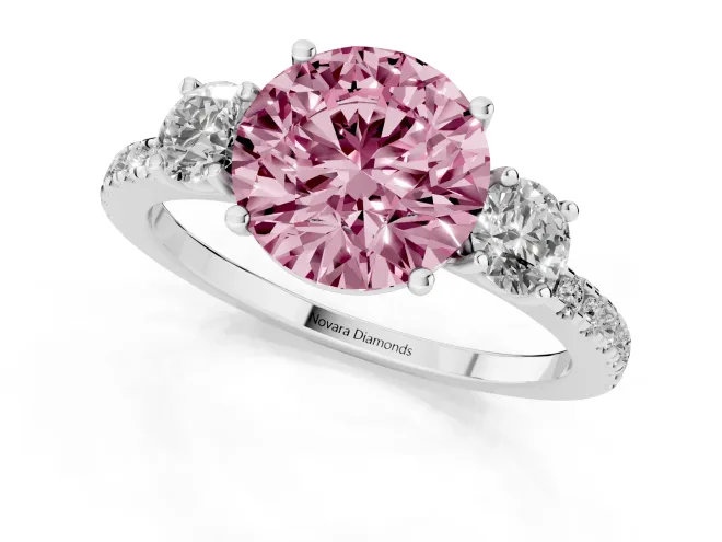 Fancy Pink Round Cut Diamond Three-Stone Ring Set in White gold with Pavé Band and Graduated Sides – second view