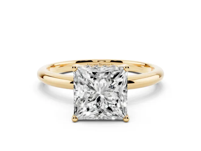 Princess Cut Diamond Solitaire Engagement Ring Set in Yellow gold with Prong Setting and Polished Band