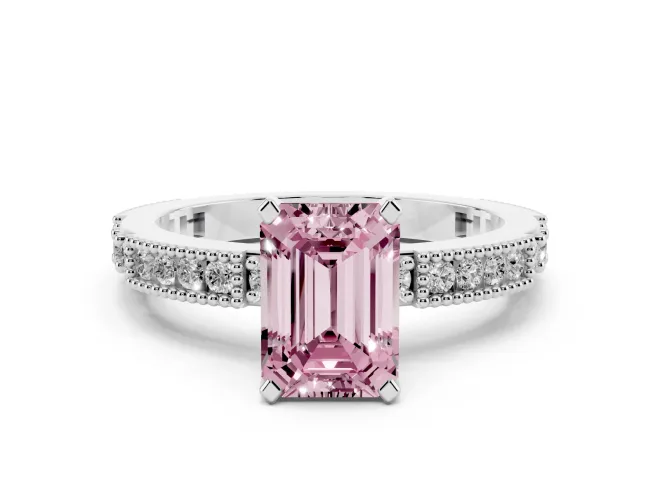 Emerald Cut Vintage Pavé Engagement Ring Setting for a Fancy Pink Lab-Grown Diamond | White Gold