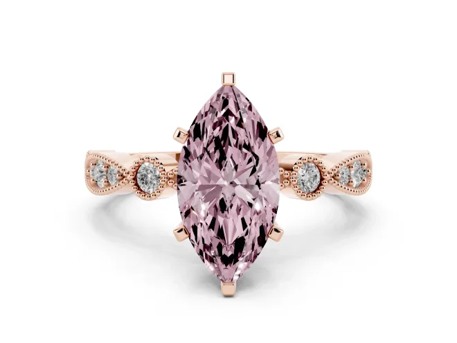 Fancy Pink Marquise Cut Diamond Solitaire Engagement Ring Set in Rose gold with Milgrain Bezel Accent Band