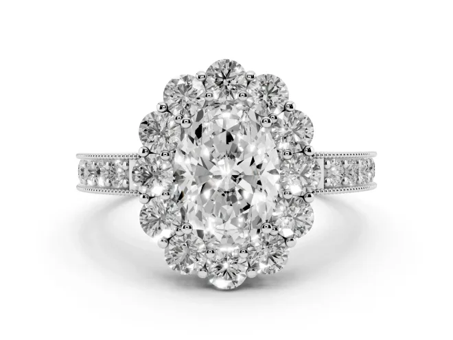 Oval Cut Diamond Halo Pavé Engagement Ring Set in Silver with Milgrain Detailing