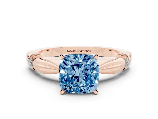 Fancy Blue Cushion Cut Diamond Solitaire Twisted Band Ring Set in Rose gold with Accent Stones and Prong Setting