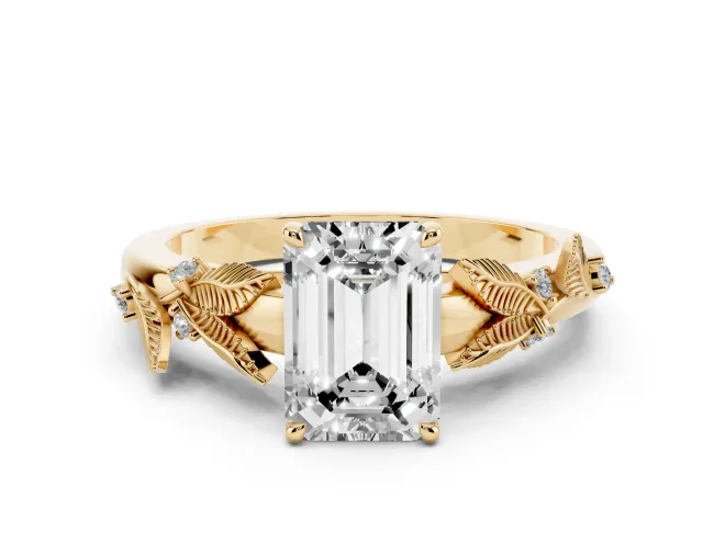Emerald Cut Leaf Motif Solitaire Engagement Ring Setting | Accented Leaves | Yellow Gold