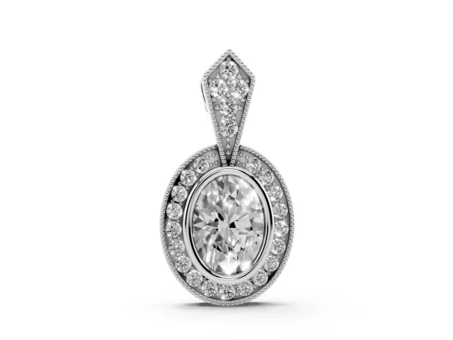 Oval Lab-Grown Diamond Bezel Pavé Halo Pendant Necklace | Milgrain Kite Bail | Sterling Silver