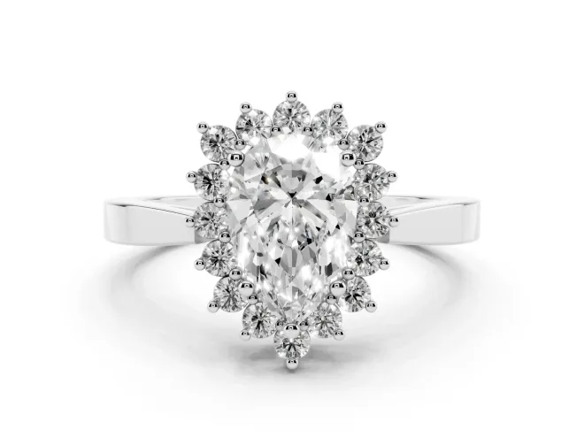 Pear Cut Diamond Halo Ring Set in White gold with Round Halo and Smooth Solitaire Band