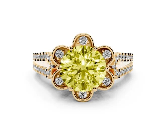 Round Floral Halo Engagement Ring Setting for a Fancy Yellow Lab-Grown Diamond | Pavé Split Shank | Yellow Gold