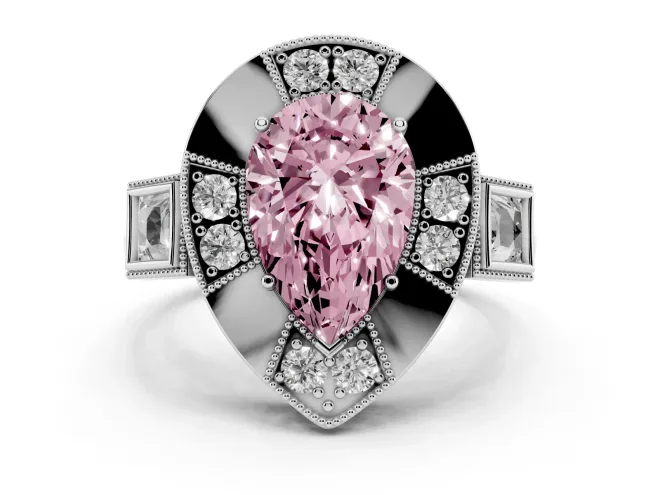 Fancy Pink Pear Cut Diamond Milgrain Halo Ring Set in White gold with Split Shank