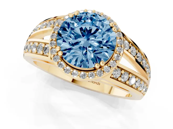 Fancy Blue Round Cut Diamond Halo Ring Set in Yellow gold with Double Pavé Split Shank – second view