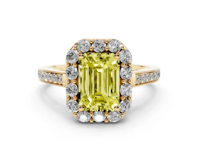 Emerald Cut Floral Halo Engagement Ring Setting for a Fancy Yellow Lab-Grown Diamond | Large Round Accents | Yellow Gold