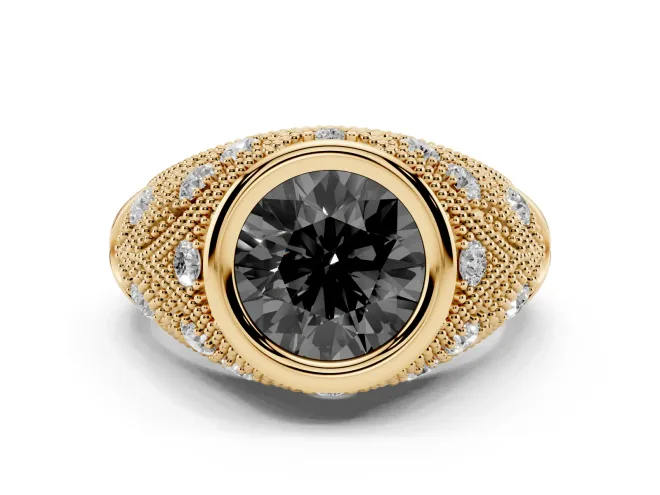 Fancy Black Round Cut Diamond Bezel Ring Set in Yellow gold with Milgrain Accent Band