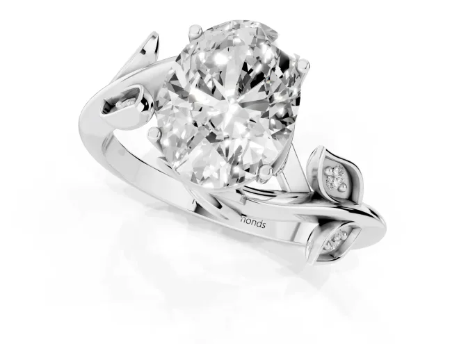Oval Cut Diamond Solitaire Twist Engagement Ring Set in Silver with Pavé Leaf Accents – second view