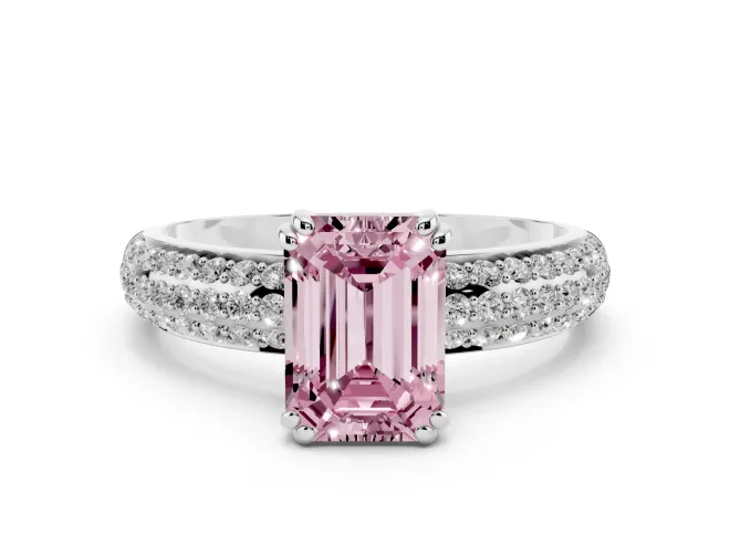 Emerald Cut Three Row Pavé Engagement Ring Setting for a Fancy Pink Lab-Grown Diamond | Platinum