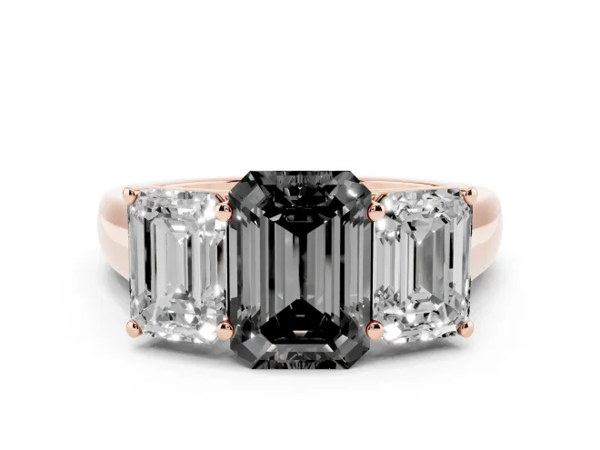 Emerald Cut Three Stone Engagement Ring Setting for a Black Center | Basket Prong Heads | Rose Gold
