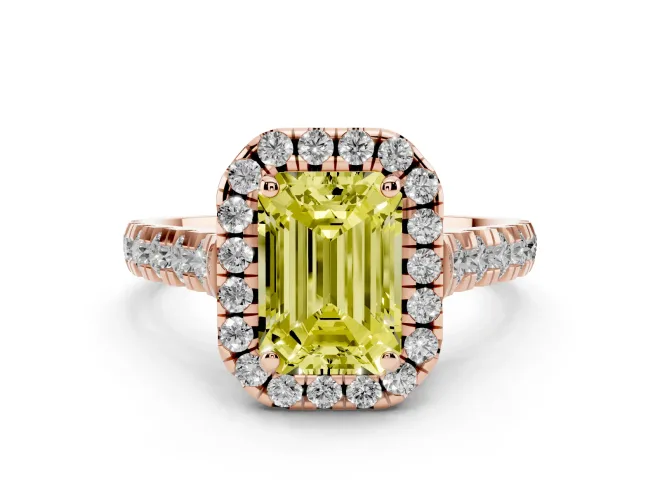 Emerald Cut Accented Halo Engagement Ring Setting for a Fancy Yellow Lab-Grown Diamond | Rose Gold