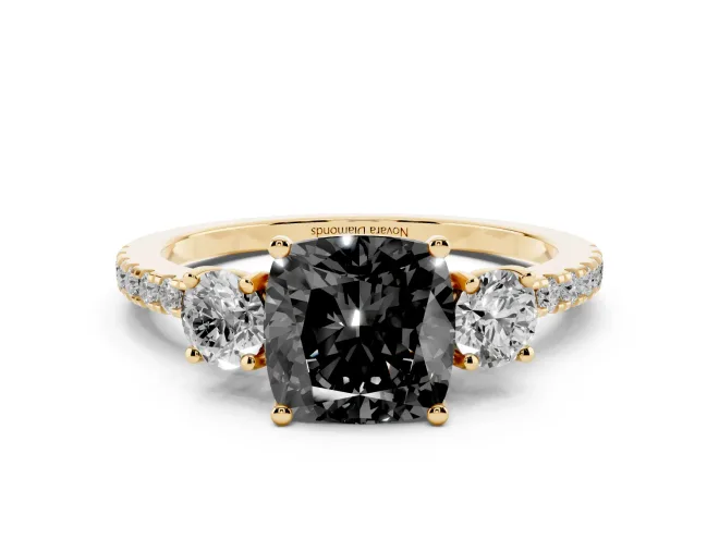 Fancy Black Cushion Cut Diamond Three-Stone Ring Set in Yellow gold with Pavé Band and Graduated Sides