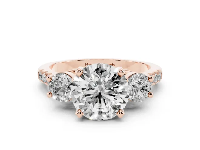 Round Three-Stone Pavé Engagement Ring Setting | Round Side Stones | Rose Gold