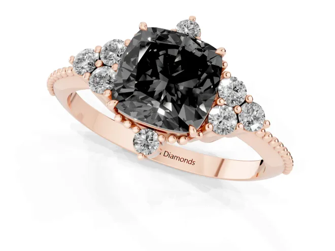 Fancy Black Cushion Cut Diamond Cluster Ring Set in Rose gold with Beaded Band – second view