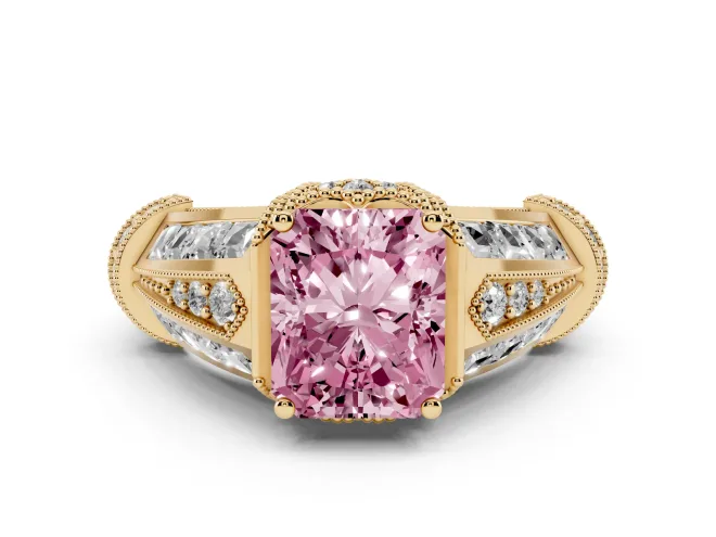 Radiant Cut Vintage Milgrain Engagement Ring Setting for a Fancy Pink Lab-Grown Diamond | Hidden Halo | Yellow Gold