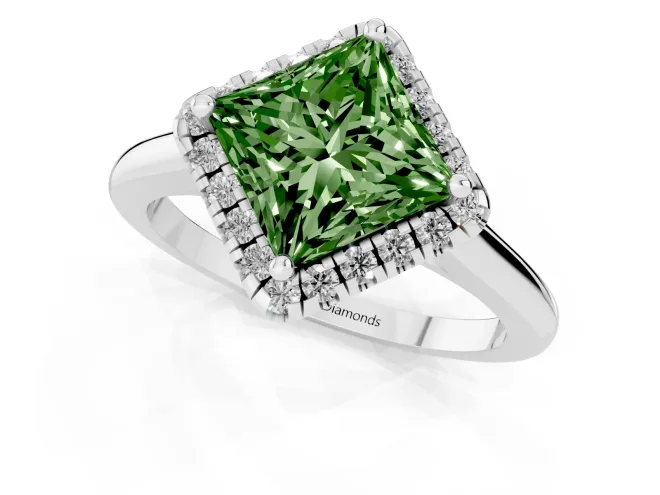 Fancy Green Princess Cut Diamond Halo Engagement Ring Set in Platinum with Pavé Band and Rising Shoulders – second view