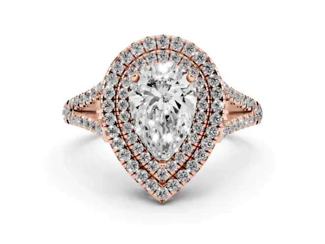 Pear Cut Diamond Double Halo Ring Set in Rose gold with Pavé Band