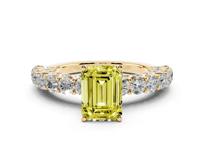 Fancy Yellow Emerald Cut Diamond Solitaire Ring Set in Yellow gold with Shared Prong Pavé Band