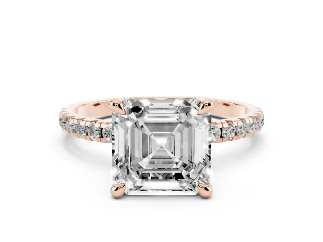 Asscher Cut Diamond Brilliant Solitaire Ring Set in Rose gold with Pavé Band and Prong Setting