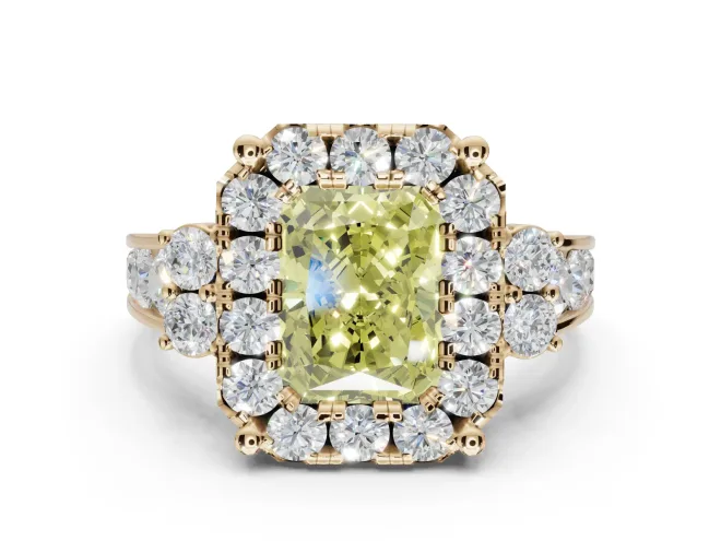 Radiant Cut Halo Engagement Ring Setting for a Fancy Yellow Lab-Grown Diamond | Graduated Channel Band | Yellow Gold
