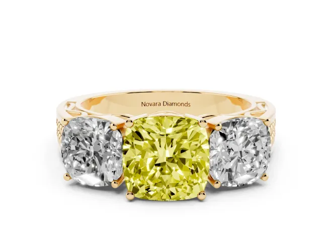 Fancy Yellow Cushion Cut Diamond Three-Stone Ring Set in Yellow gold with Textured Band