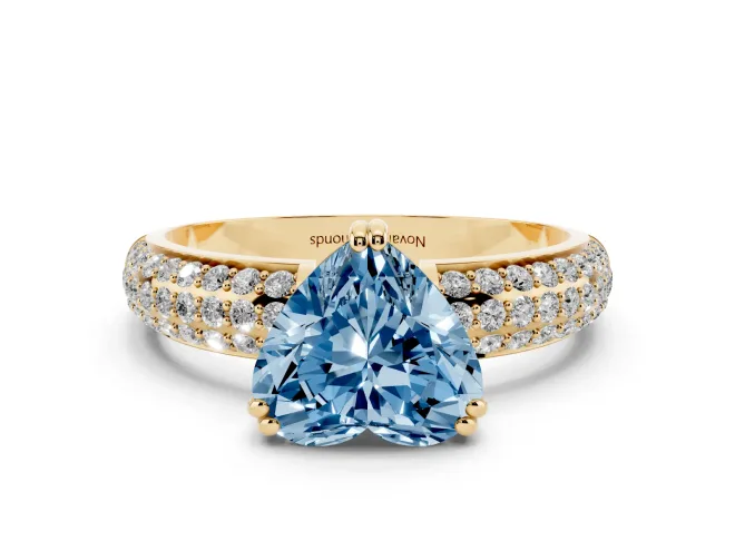 Heart-Shaped Three Row Pavé Engagement Ring Setting for a Fancy Blue Lab-Grown Diamond | Yellow Gold