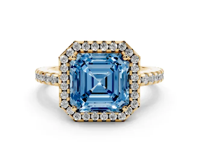 Fancy Blue Asscher Cut Diamond Halo Ring Set in Yellow gold with Pavé Shoulders and Halo-Framed Center