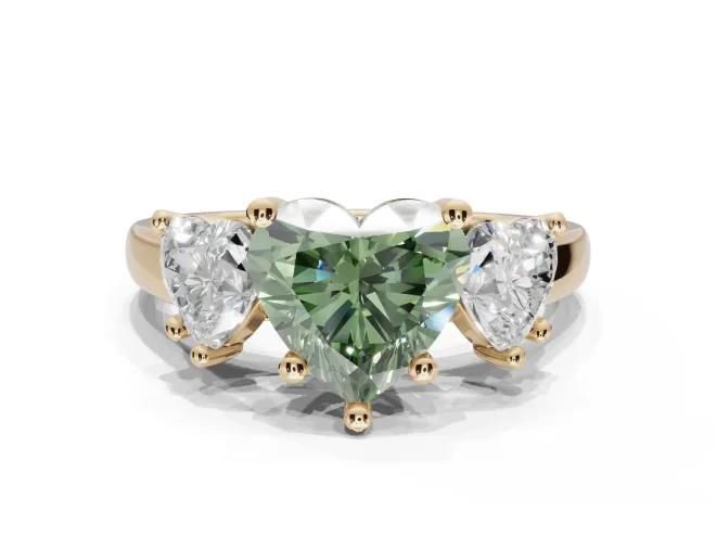 Heart-Shaped Three Stone Engagement Ring Setting for a Fancy Green Lab-Grown Diamond | Tapered Band | Yellow Gold