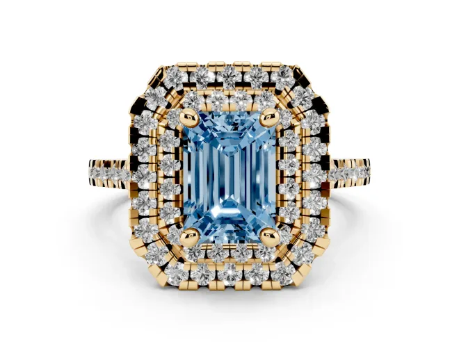 Emerald Cut Double Halo Engagement Ring Setting for a Fancy Blue Lab-Grown Diamond | Pavé Shoulders | Yellow Gold