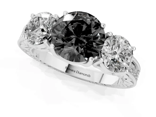 Fancy Black Round Cut Diamond Three-Stone Engagement Ring Set in White gold with Milgrain Pavé Band – second view